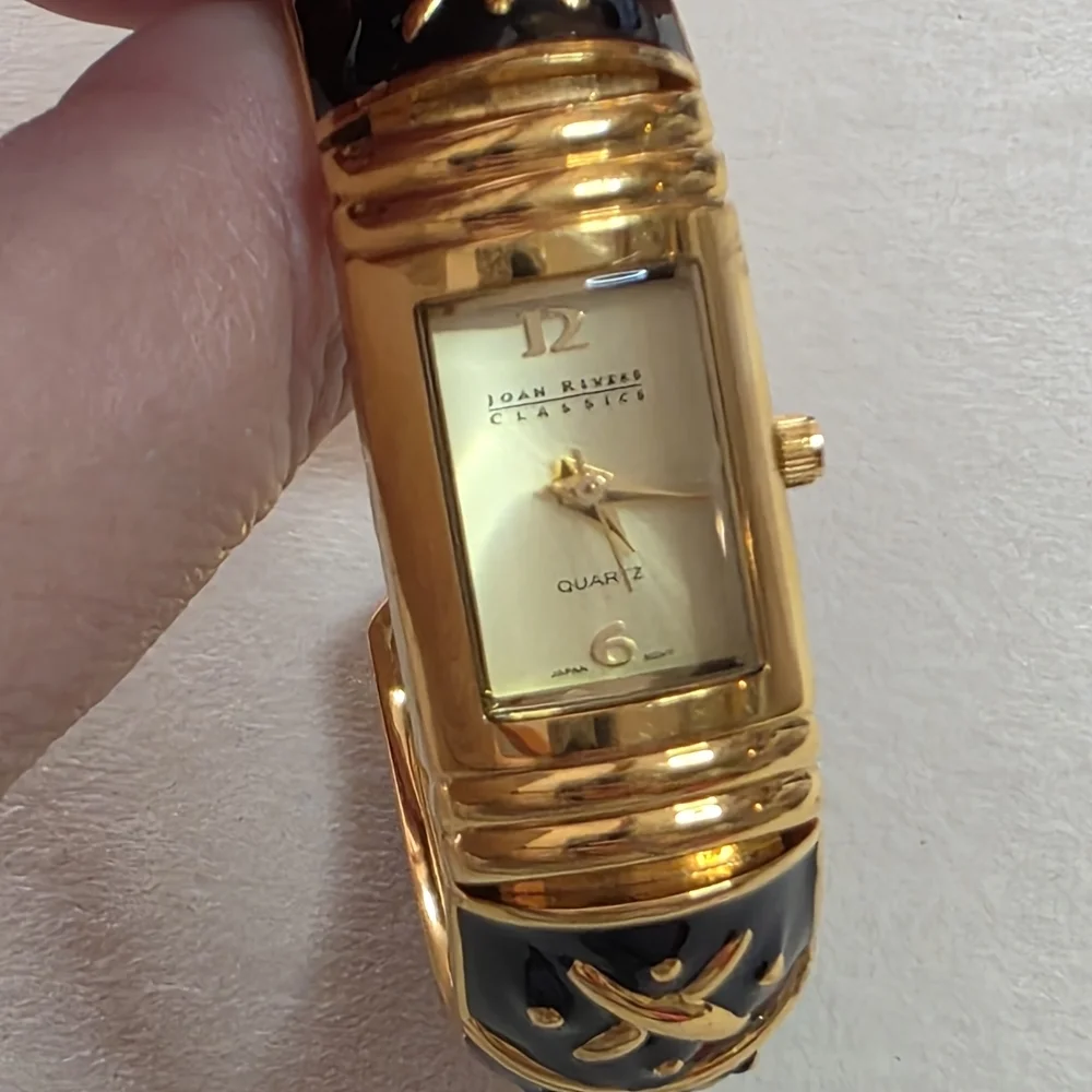 Joan Rivers Gold Black Enamel Bangle Watch Bracelet Vintage Statement WORKS